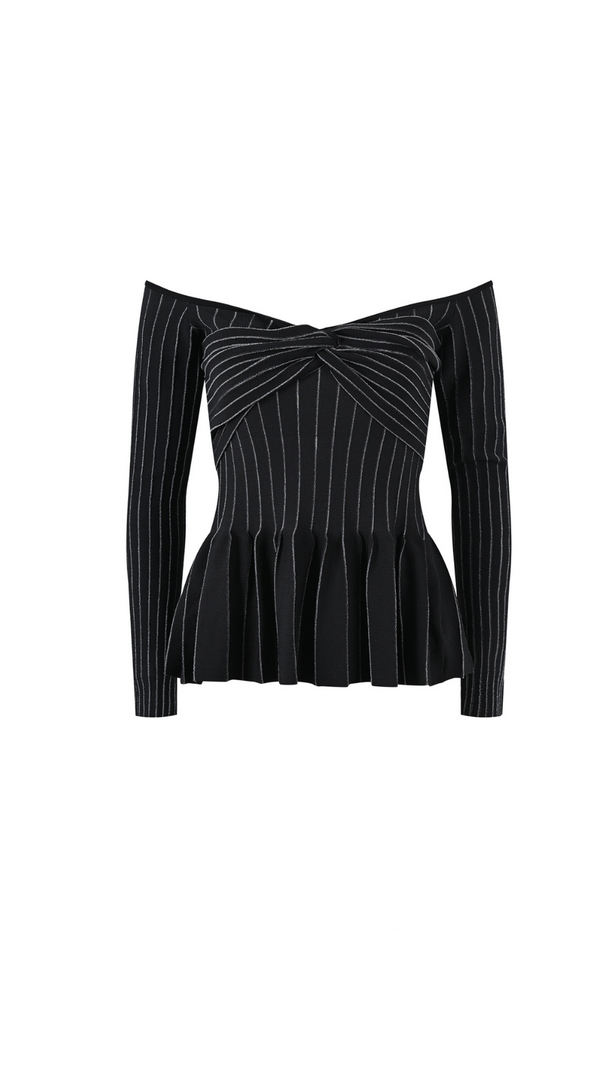 AIIZIE ESTHER KNIT STRIPE RUCHED OFF-SHOULDER TOP - product image