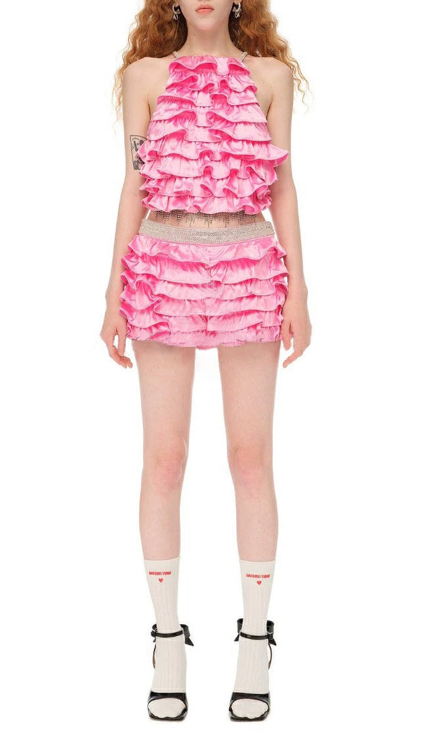 AIIZIE RUFFLE EMBELLISHED SHORTS TOP SET IN PINK - product image