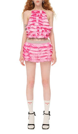 RUFFLE EMBELLISHED SHORTS TOP SET IN PINK