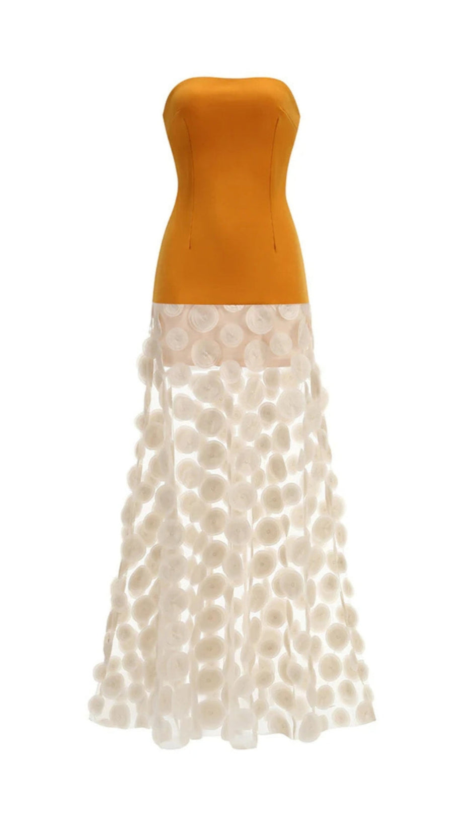 NODIN STRAPLESS DOT MESH MAXI DRESS IN ORANGE