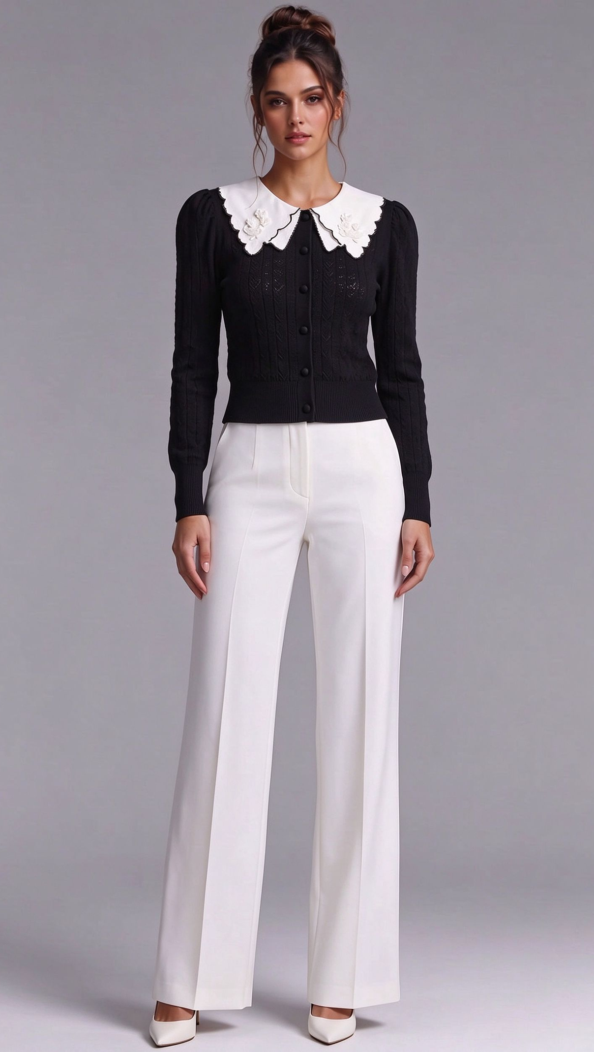 Black Pointelle Knit Cardigan with White Embroidered Collar