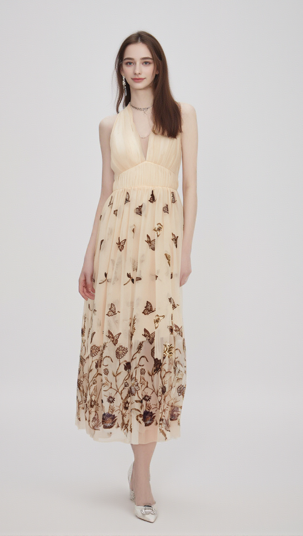AIIZIE JOSÉPHINE HALTERNECK BUTTERFLY-MOTIF TULLE MIDI DRESS - product image