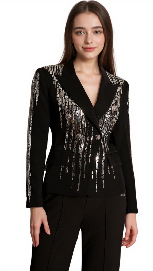 AIIZIE ANDREA FAIDRA RHINESTONE DOUBLE BREASTED LAPEL BLAZER IN BLACK - product image
