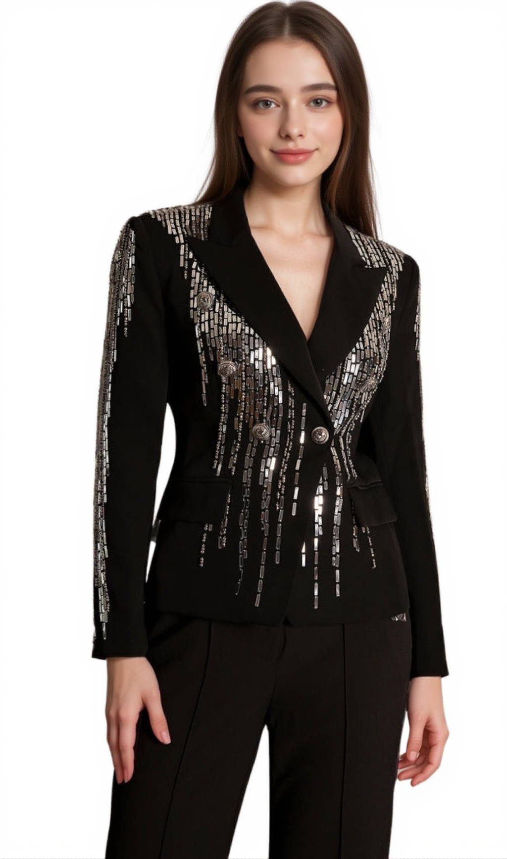 ANDREA FAIDRA RHINESTONE DOUBLE BREASTED LAPEL BLAZER IN BLACK
