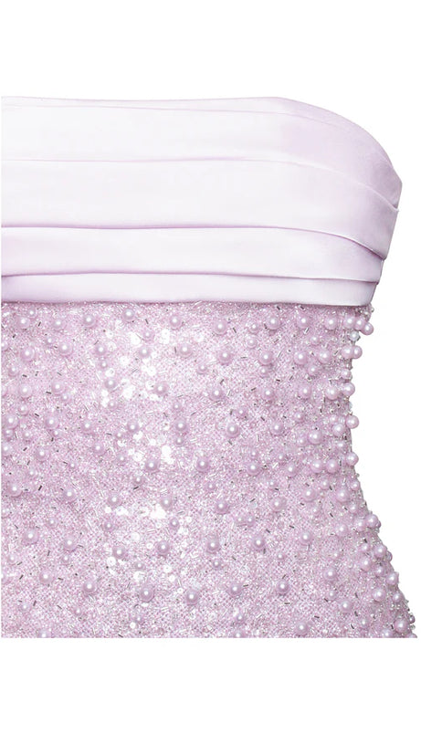 PINK SATIN SEQUIN PEARLS BEADED MAXI DRESS