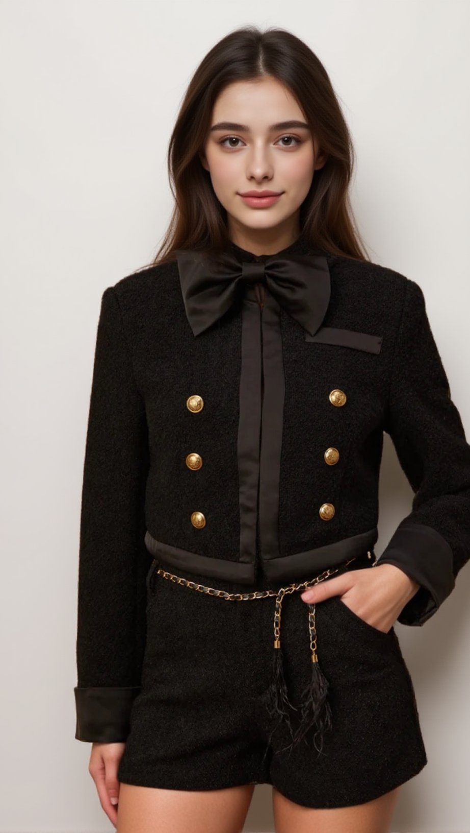 Antonia – passendes Set aus schwarzer Tweedjacke und Shorts 