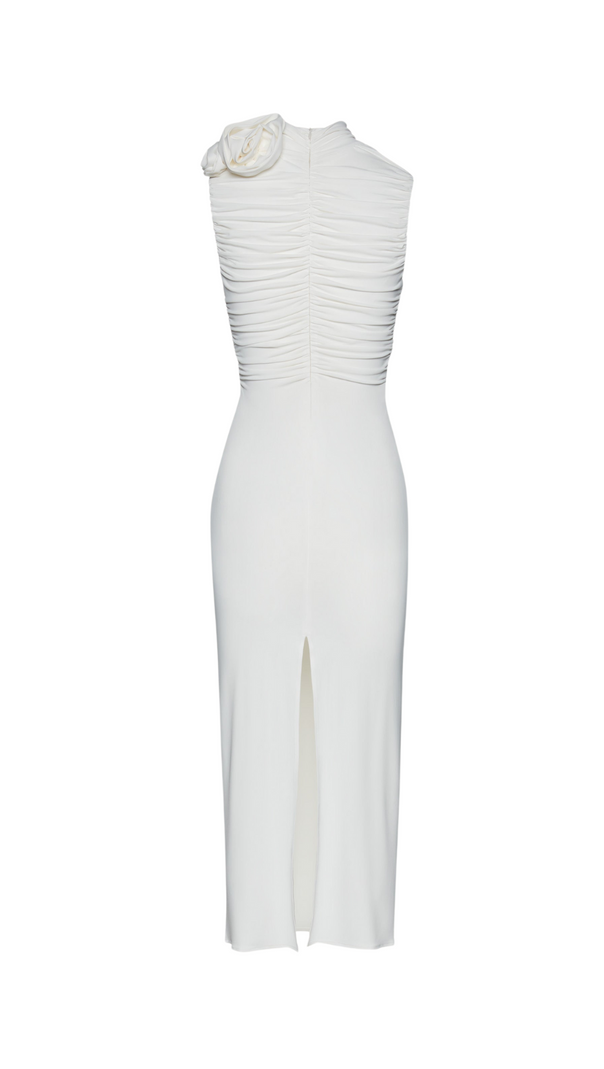 AIIZIE ADORA FLOWER EMBELLISHED RUCHED MIDI DRESS IN CREAM - product image