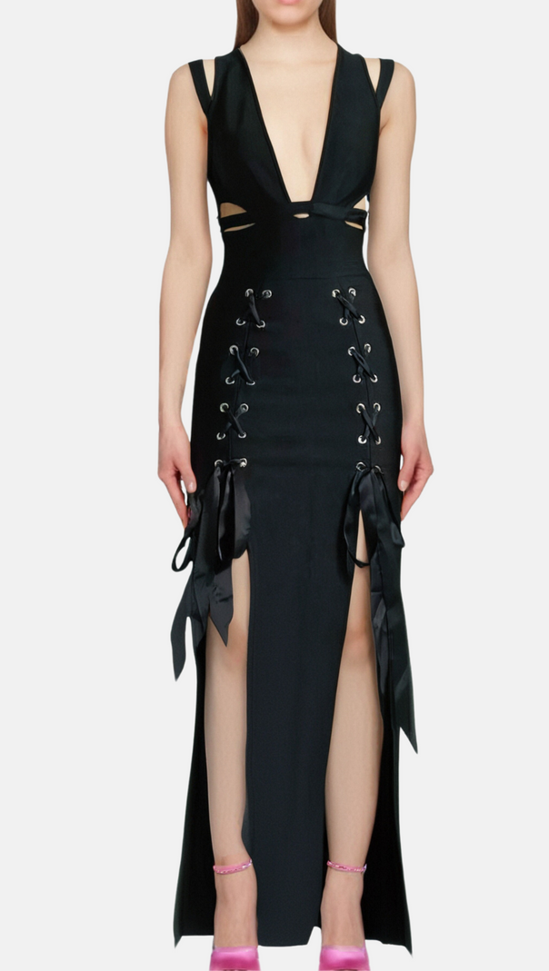 AIIZIE HOLLOW DOUBLE SLIT RIBBON MIDI DRESS IN BLACK - product image