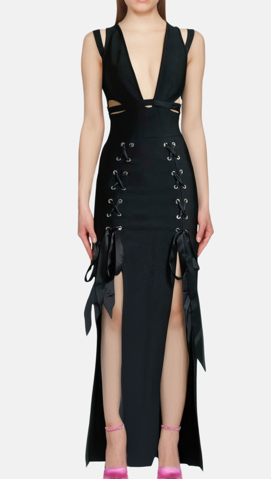 HOLLOW DOUBLE SLIT RIBBON MIDI DRESS IN BLACK