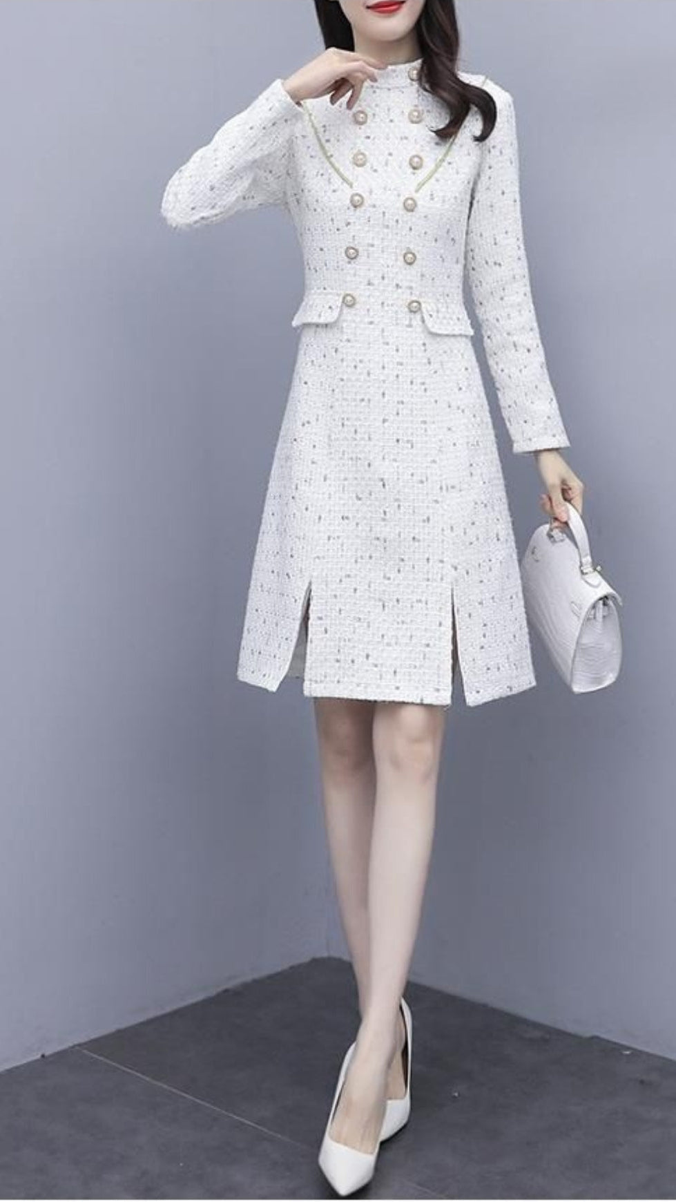 WOOLEN A-LINE MIDI DRESS IN WHITE