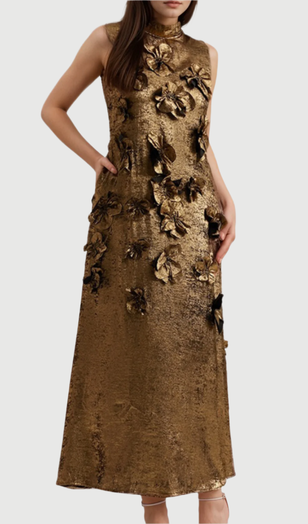 ADELA 3D FLORAL EMBELLISHED MAXI DRESS IN GOLD