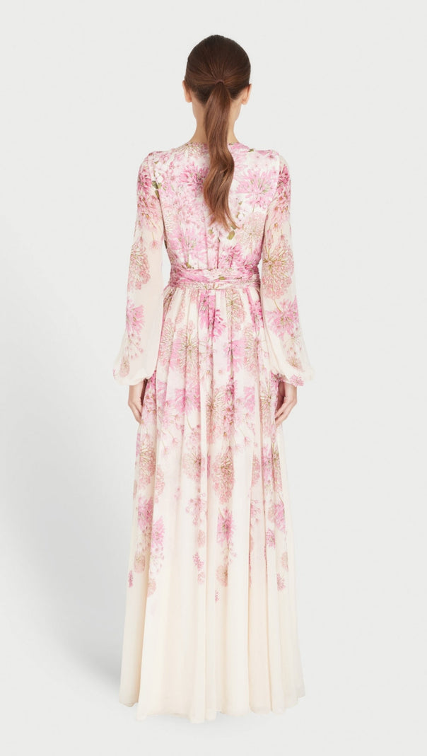AIIZIE LACE-UP LANTERN SLEEVE FLOWERS PRINT MAXI DRESS - product image