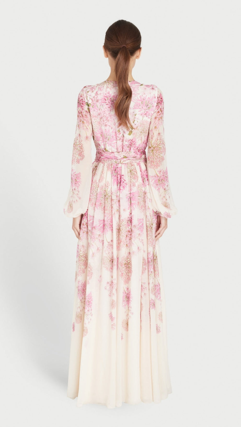 LACE-UP LANTERN SLEEVE FLOWERS PRINT MAXI DRESS