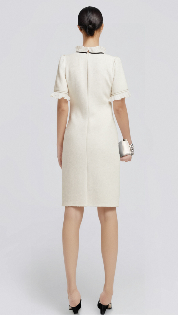 HÉLÈNE FAUX-PEARL FRILLED MIDI DRESS
