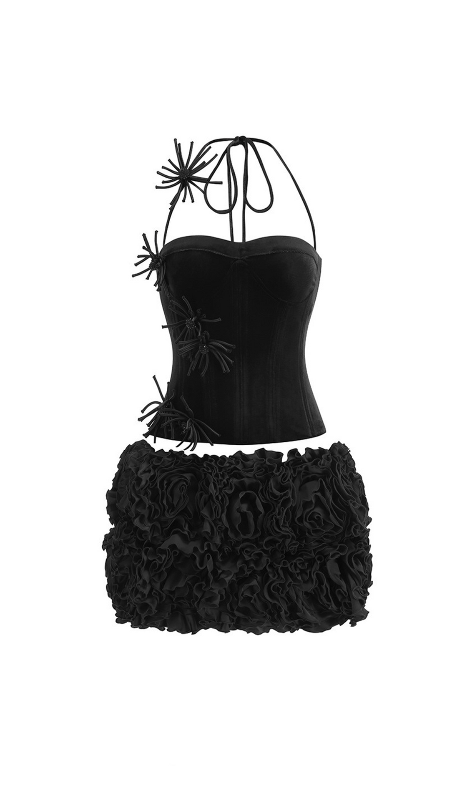 Samtkorsett-Minirockanzug mit Blumenmuster in Schwarz