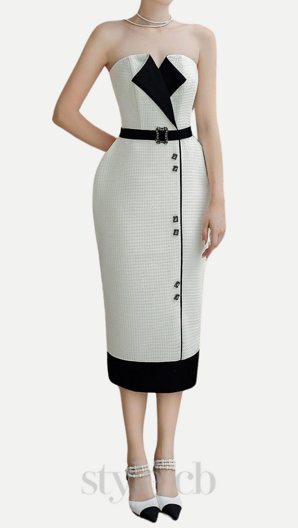 AIIZIE REGINA PEGGED SEMI-HEART NECK TWEED MIDI DRESS - product image