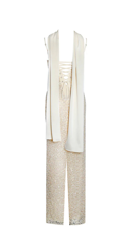 RAIZEL GOLD BEADED SEQUIN BODYCON GOWN WITH SCARF MAXI DRESS