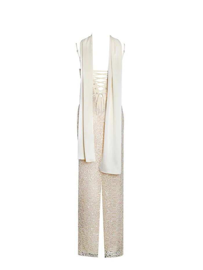 Raizel Maxikleid mit goldenen Perlen und Pailletten, figurbetont und mit Schal