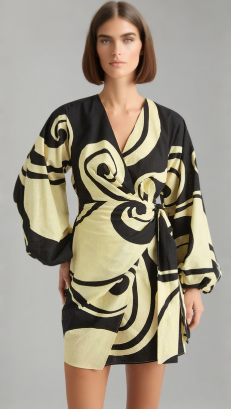 OCEANIC SWIRL V-NECK PUFF SLEEVE MINI DRESS