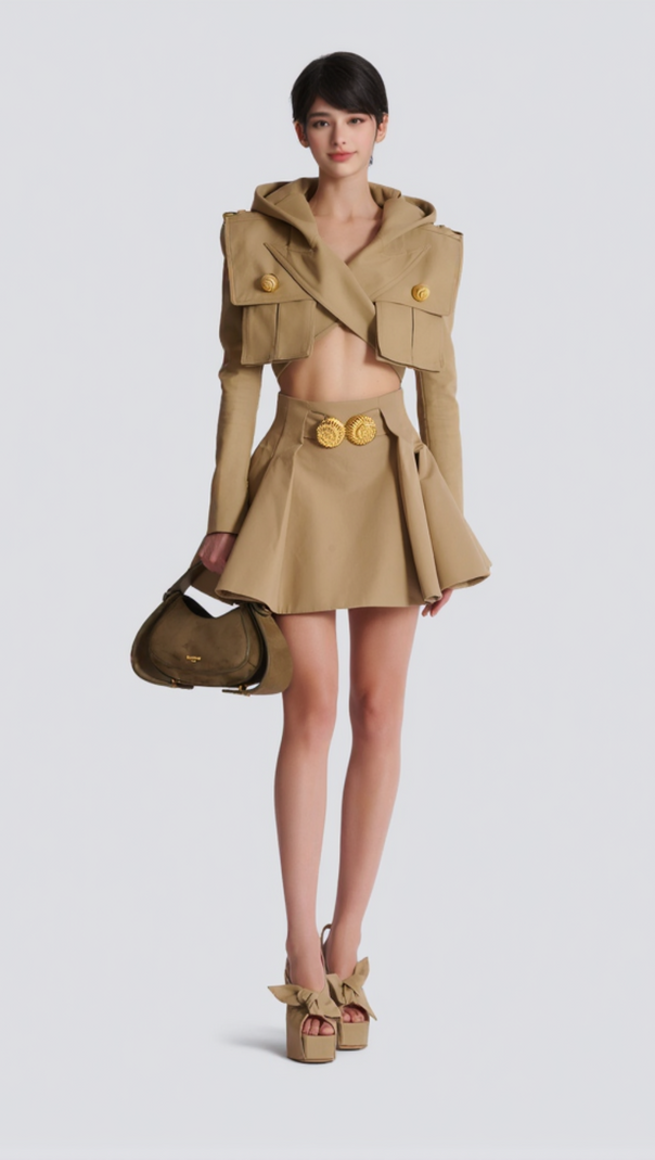 AIIZIE ASINA GOLD BUTTONED MINI SKIRT IN KHAKI - product image