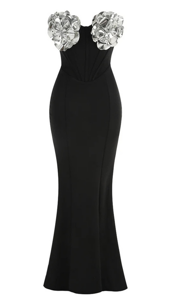 AIIZIE EUDORA 3D FLOWER OFF-SHOULDER MAXI DRESS IN BLACK - product image