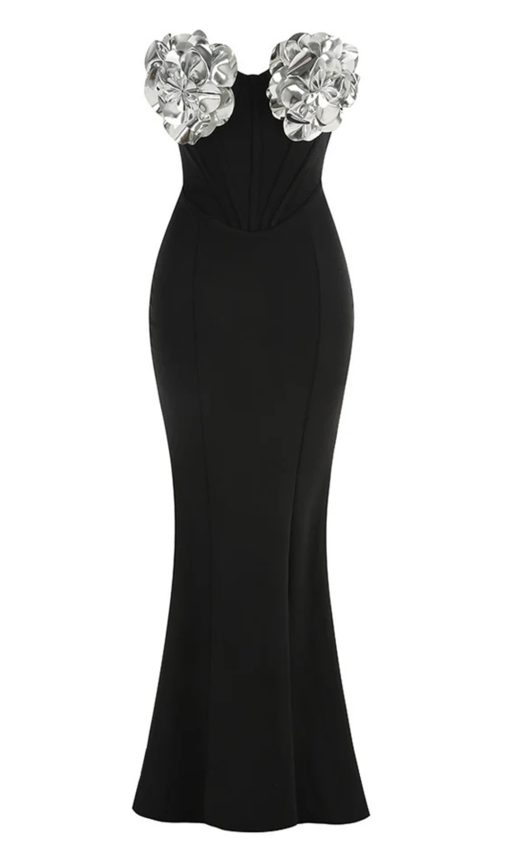 EUDORA 3D FLOWER OFF-SHOULDER MAXI DRESS IN BLACK