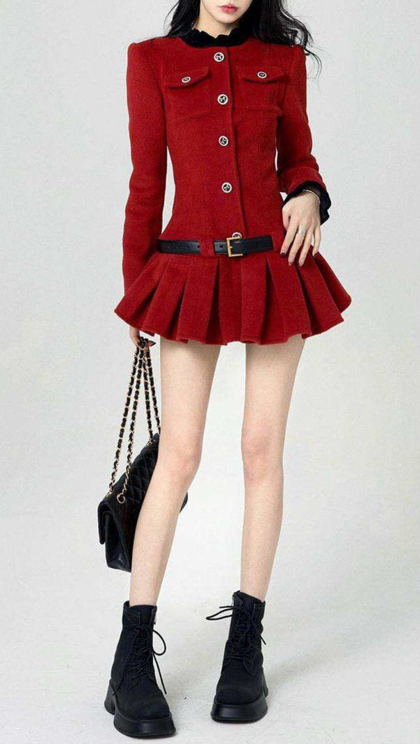 AIIZIE LONG SLEEVES ULTRA SHORT PLEATED DRESS IN BURGUNDY - product image