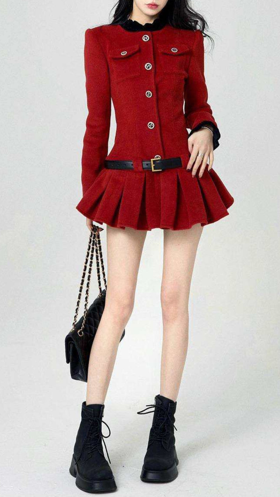 LONG SLEEVES ULTRA SHORT PLEATED DRESS IN BURGUNDY