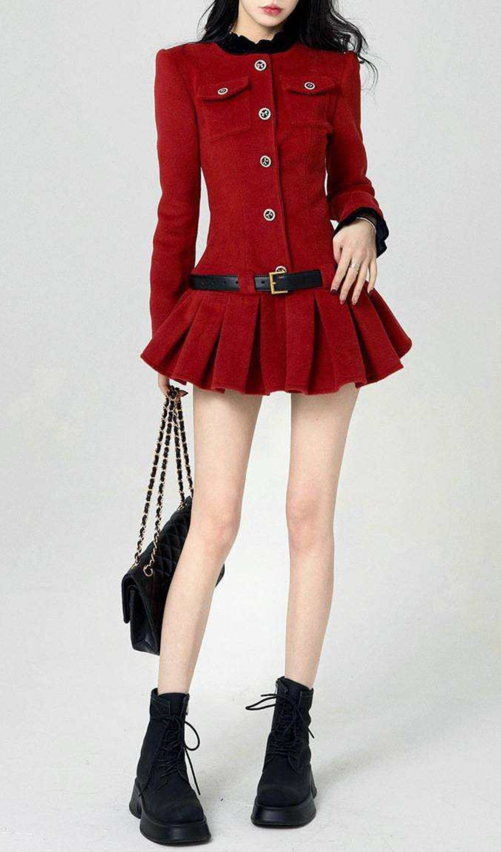 LONG SLEEVES ULTRA SHORT PLEATED DRESS IN BURGUNDY