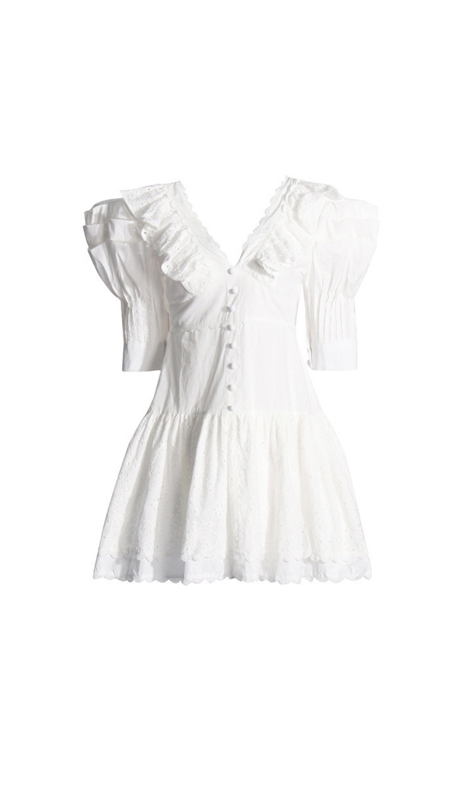 WHITE V-NECK EMBROIDERED RUFFLED MINI DRESS