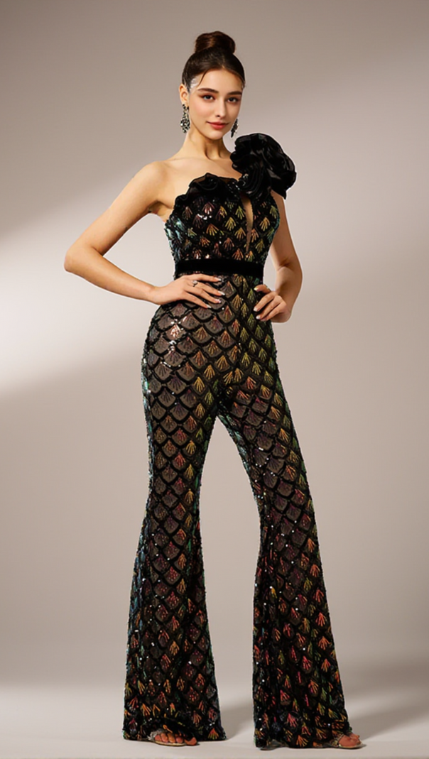 AIIZIE MERMAID SCALE FLORAL ONE-SHOULDER SEQUIN JUMPSUIT - product image