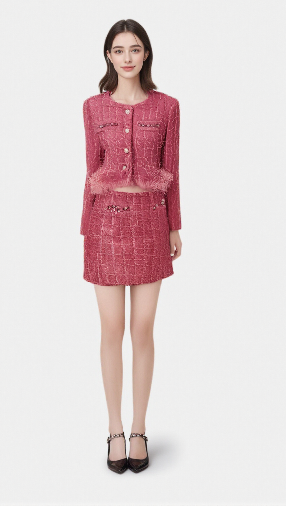 GISÈLE TWEED FRINGED JACKET & SKIRT MATCHING SET