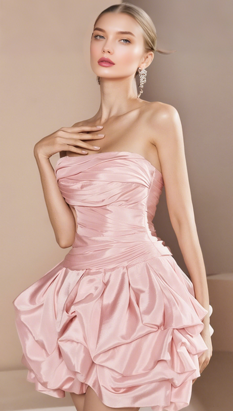 SATIN STRAPLESS BUD MINI DRESS IN PINK