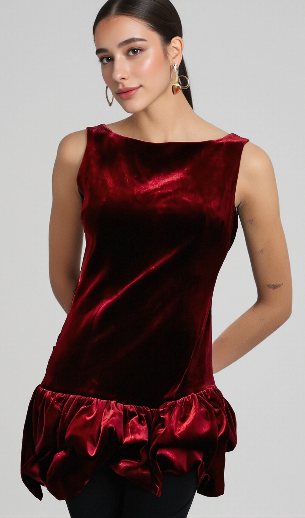 MARION RED PEPLUM-HEM VELVET MINI DRESS