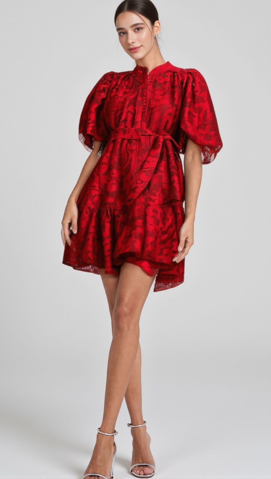ATHÉNAÏS RED JACQUARD SEMI-SHEER MINI DRESS