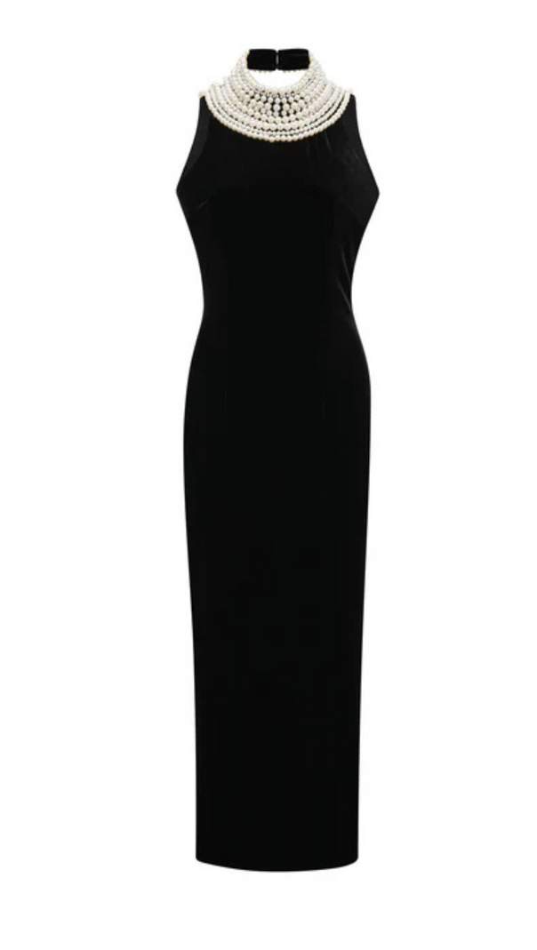 AIIZIE VELVET FAUX PEARL SLEEVELESS MIDI DRESS - product image