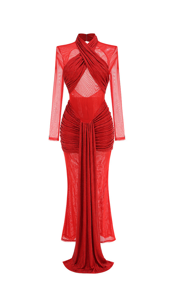 AIIZIE SLINKY MESH LONG SLEEVE MAXI DRESS IN RUBY - product image