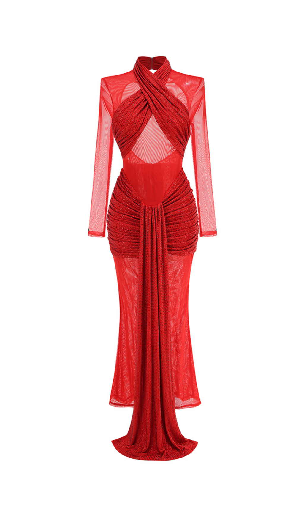 SLINKY MESH LONG SLEEVE MAXI DRESS IN RUBY
