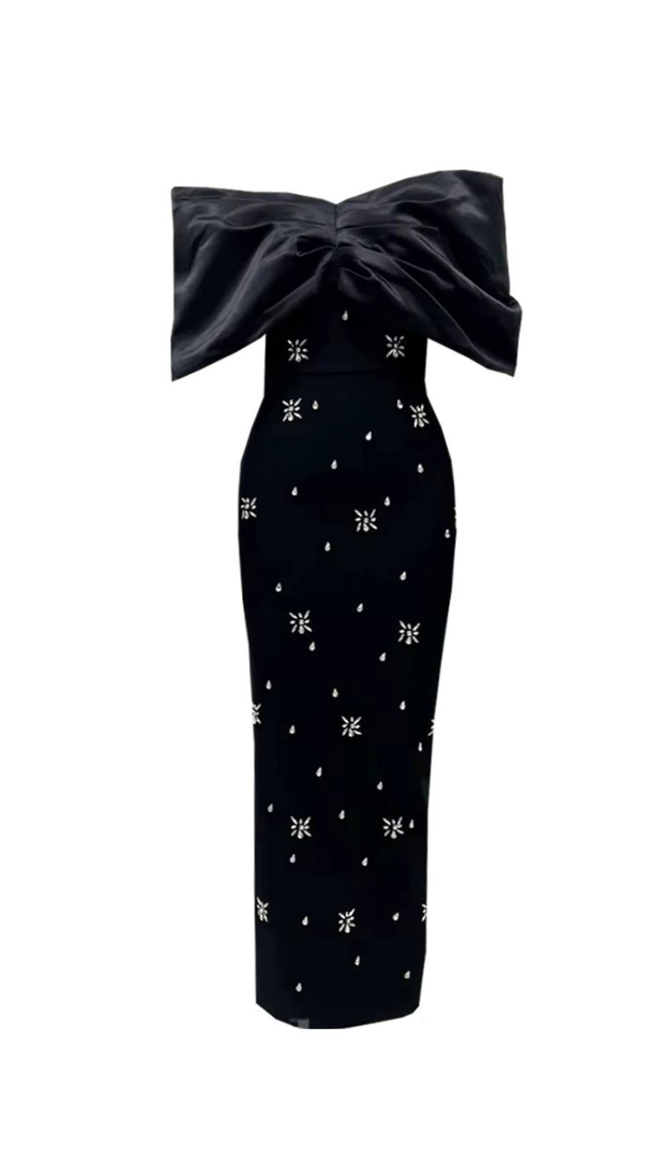 DRAPED BARDOT CRYSTAL DETAIL MAXI DRESS IN BLACK