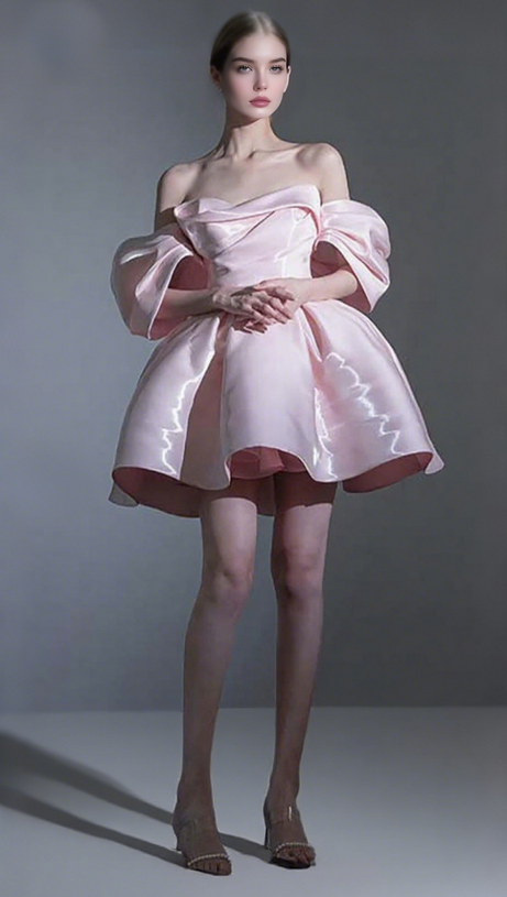 OFF SHOULDER SATIN MINI DRESS IN PINK