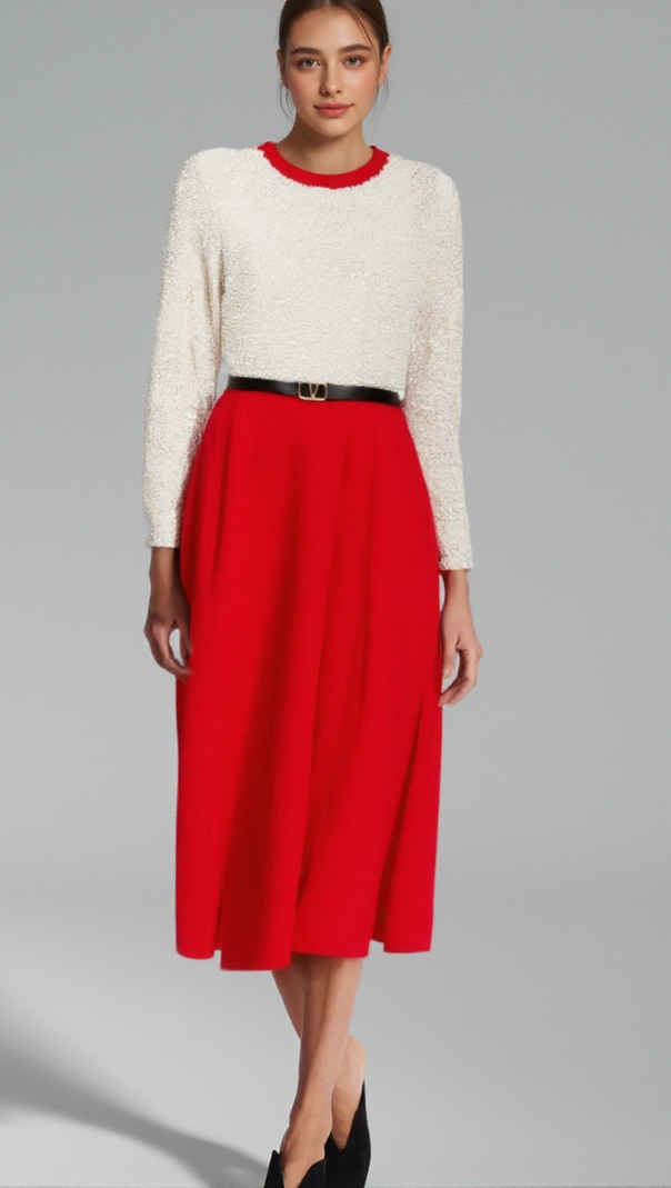 AIIZIE CHLOÉ RED LONG-SLEEVE SEQUINED PATCHWORK MIDI DRESS - product image