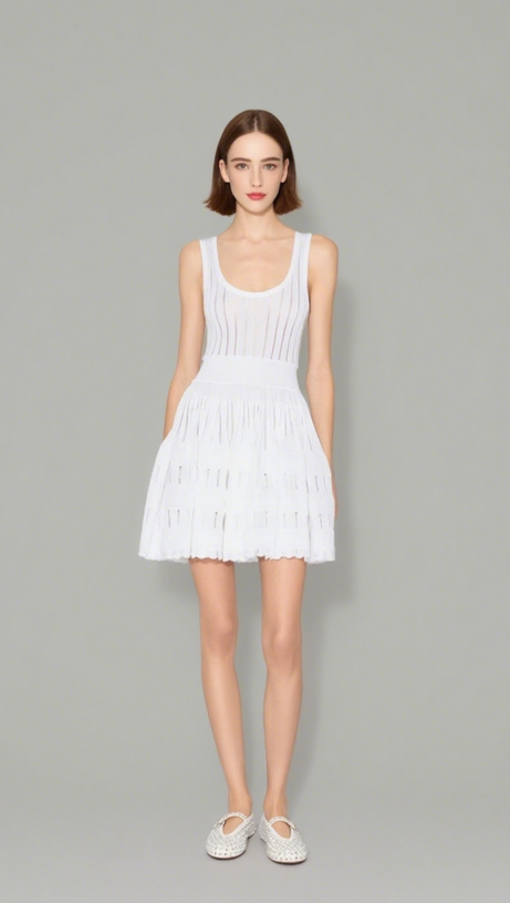 RIBBED POINTELLE KNIT MINI DRESS IN WHITE