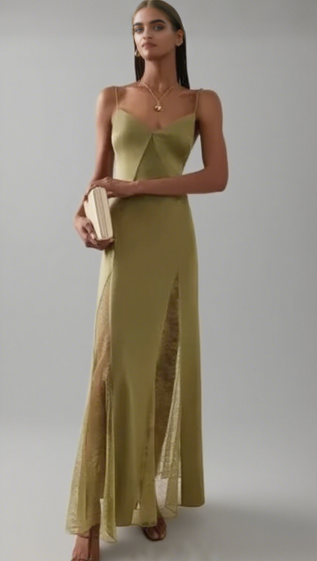 ABITO LUNGO IN SETA CON INSERTI IN PIZZO VERDE ESCLUSIVO