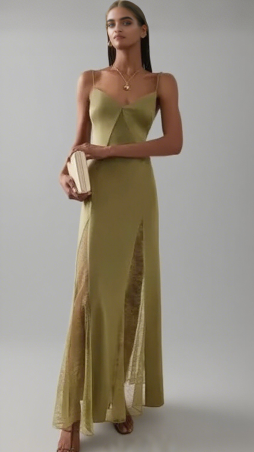 GREEN EXCLUSIVE LACE-INSET SILK MAXI SLIP DRESS