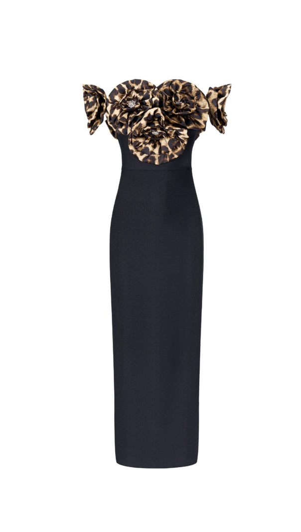 AIIZIE 3D FLOWER LEOPARD PATTERN BANDAGE MAXI DRESS IN BLACK - product image