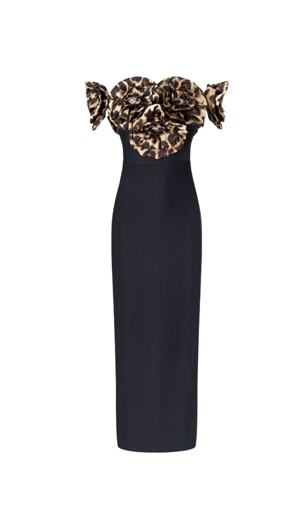 3d flower leopard pattern bandage maxi dress in black