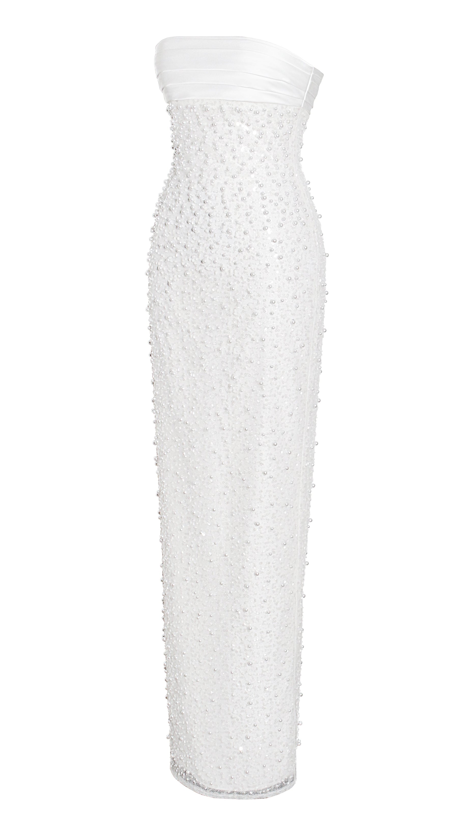 LAINEY WHITE SATIN SEQUIN PEARLS BEADED MAXI DRESS