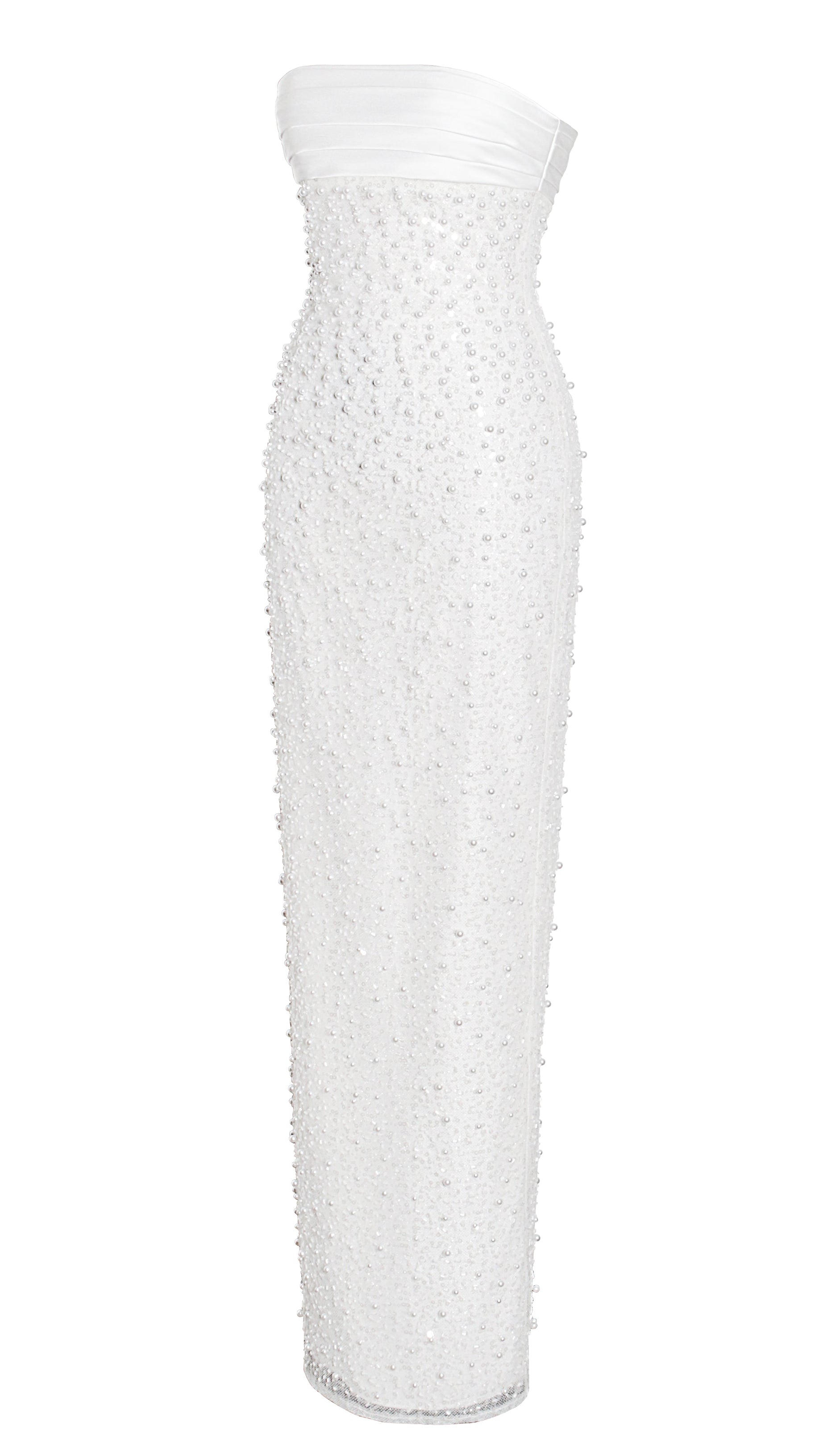 Lainey Maxikleid aus weißem Satin mit Pailletten und Perlen