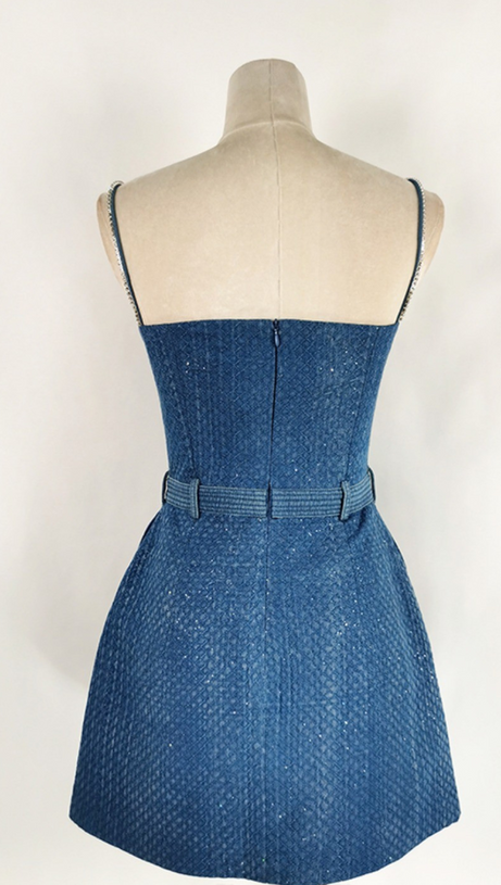 ANDREA DENIM RHINESTONE SUSPENDER MINI DRESS IN BLUE