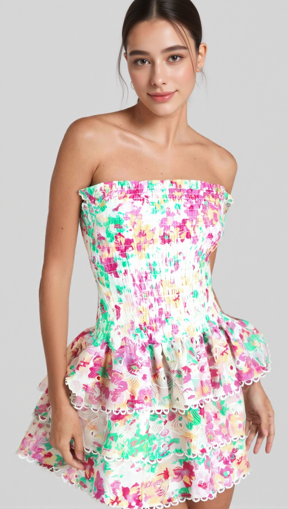 WHITE FLORAL RUCHED STRAPLESS MINI DRESS